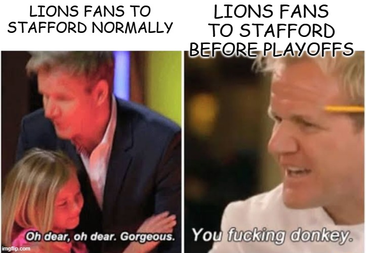 matt stafford | LIONS FANS TO STAFFORD BEFORE PLAYOFFS; LIONS FANS TO STAFFORD NORMALLY | image tagged in gordon ramsay kids vs adults | made w/ Imgflip meme maker