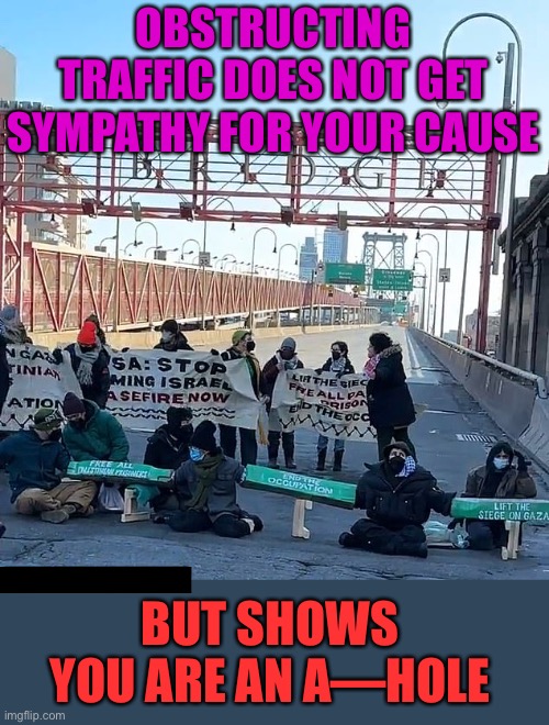 How to show the world you are an a—hole. | OBSTRUCTING TRAFFIC DOES NOT GET SYMPATHY FOR YOUR CAUSE; BUT SHOWS YOU ARE AN A—HOLE | image tagged in protest,block street,no sympathy,a hole | made w/ Imgflip meme maker