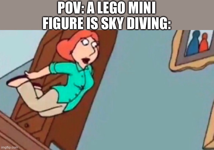 I hope you understand the meme | POV: A LEGO MINI FIGURE IS SKY DIVING: | image tagged in lois falling down stairs,lego,memes,funny | made w/ Imgflip meme maker