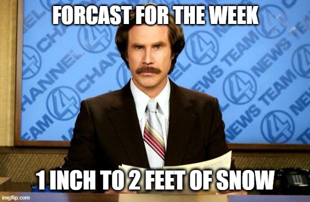 Forcast for the Week | FORCAST FOR THE WEEK; 1 INCH TO 2 FEET OF SNOW | image tagged in breaking news,forcast | made w/ Imgflip meme maker