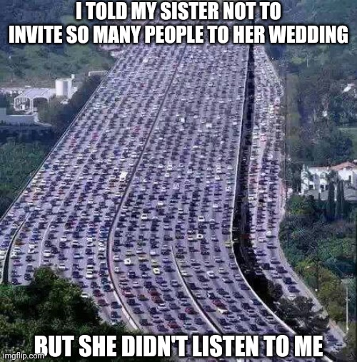 worlds biggest traffic jam | I TOLD MY SISTER NOT TO INVITE SO MANY PEOPLE TO HER WEDDING; BUT SHE DIDN'T LISTEN TO ME | image tagged in worlds biggest traffic jam | made w/ Imgflip meme maker