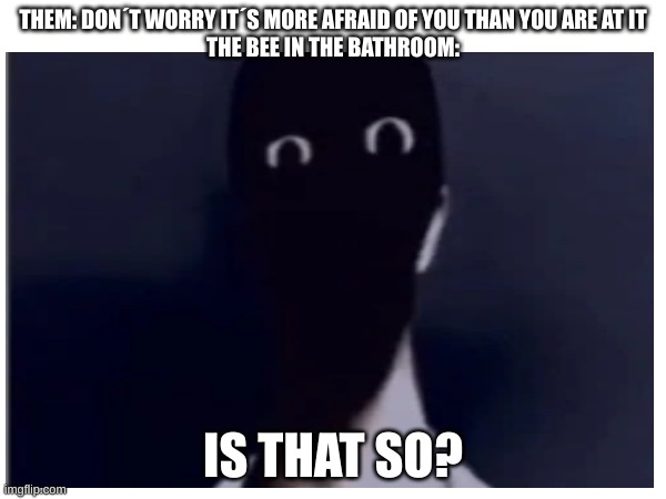 THEM: DON´T WORRY IT´S MORE AFRAID OF YOU THAN YOU ARE AT IT
THE BEE IN THE BATHROOM:; IS THAT SO? | image tagged in i love cocaine | made w/ Imgflip meme maker
