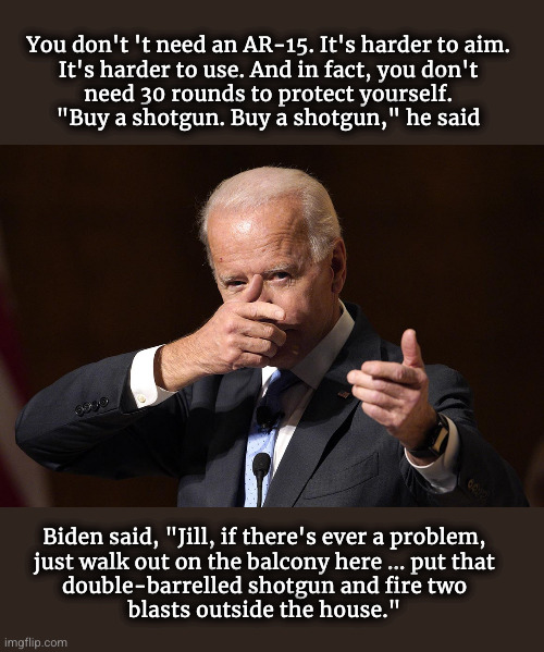 biden gun policies | You don't 't need an AR-15. It's harder to aim.
It's harder to use. And in fact, you don't
need 30 rounds to protect yourself.

"Buy a shotgun. Buy a shotgun," he said; Biden said, "Jill, if there's ever a problem,
just walk out on the balcony here ... put that
double-barrelled shotgun and fire two
blasts outside the house." | image tagged in hey joe | made w/ Imgflip meme maker