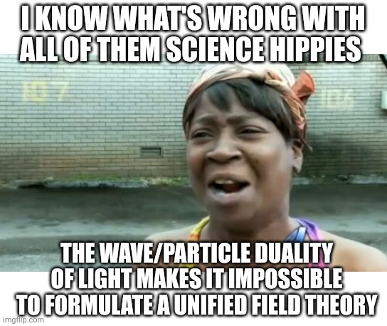 Them science hippies | I KNOW WHAT'S WRONG WITH ALL OF THEM SCIENCE HIPPIES; THE WAVE/PARTICLE DUALITY OF LIGHT MAKES IT IMPOSSIBLE TO FORMULATE A UNIFIED FIELD THEORY | image tagged in memes,ain't nobody got time for that | made w/ Imgflip meme maker