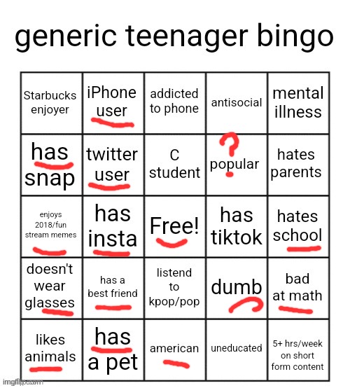 1 bingo | image tagged in generic teenager bingo | made w/ Imgflip meme maker