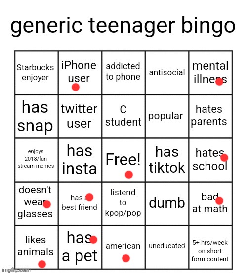 generic teenager bingo | image tagged in generic teenager bingo | made w/ Imgflip meme maker