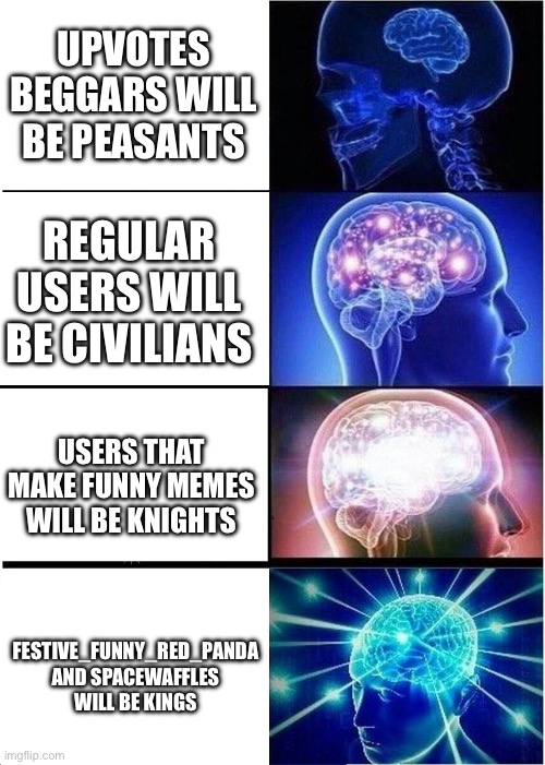 If imgflip was medieval | UPVOTES BEGGARS WILL BE PEASANTS; REGULAR USERS WILL BE CIVILIANS; USERS THAT MAKE FUNNY MEMES WILL BE KNIGHTS; FESTIVE_FUNNY_RED_PANDA AND SPACEWAFFLES WILL BE KINGS | image tagged in memes,expanding brain | made w/ Imgflip meme maker