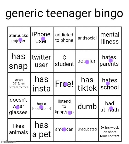 generic teenager bingo | image tagged in generic teenager bingo | made w/ Imgflip meme maker