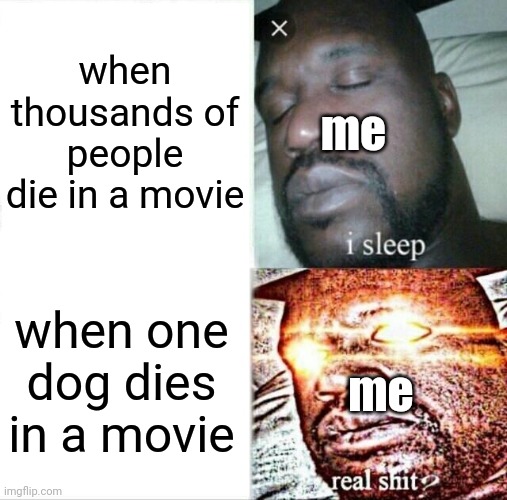 Sleeping Shaq Meme | when thousands of people die in a movie; me; when one dog dies in a movie; me | image tagged in memes,sleeping shaq | made w/ Imgflip meme maker