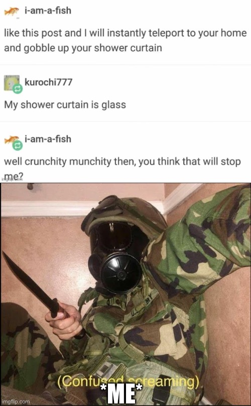 But then again my shower curtain is made of plastic so it may kill the fish | *ME* | image tagged in confused screaming but with gas mask,operator bravo,memes,cursed image,military,wtf | made w/ Imgflip meme maker