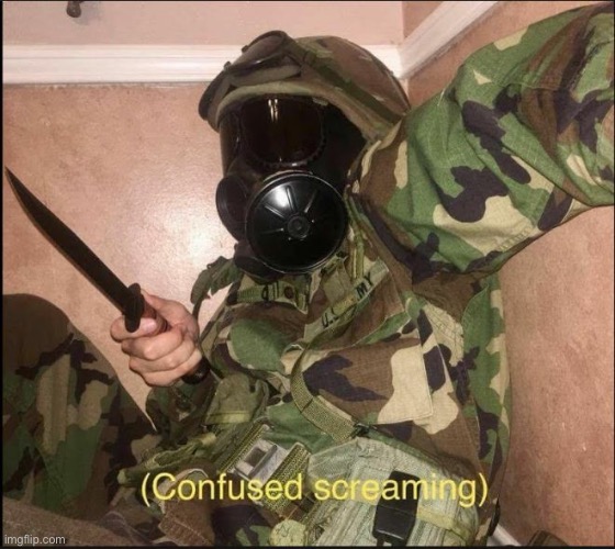 confused screaming but with gas mask | image tagged in confused screaming but with gas mask,confused screaming,memes,operator bravo,military | made w/ Imgflip meme maker