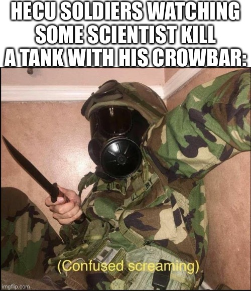 confused screaming but with gas mask | HECU SOLDIERS WATCHING SOME SCIENTIST KILL A TANK WITH HIS CROWBAR: | image tagged in confused screaming but with gas mask,half life,video games,memes,operator bravo,military | made w/ Imgflip meme maker