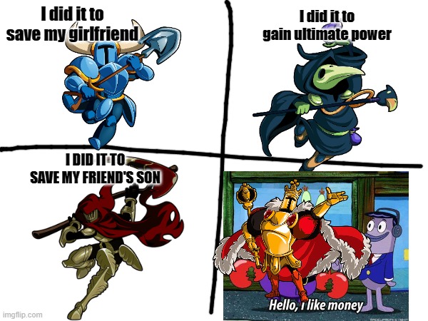 Please tell me if you get it | I did it to gain ultimate power; I did it to save my girlfriend; I DID IT TO SAVE MY FRIEND'S SON | image tagged in shovel knight,shovel,mr crabs,i like money,king,knight | made w/ Imgflip meme maker