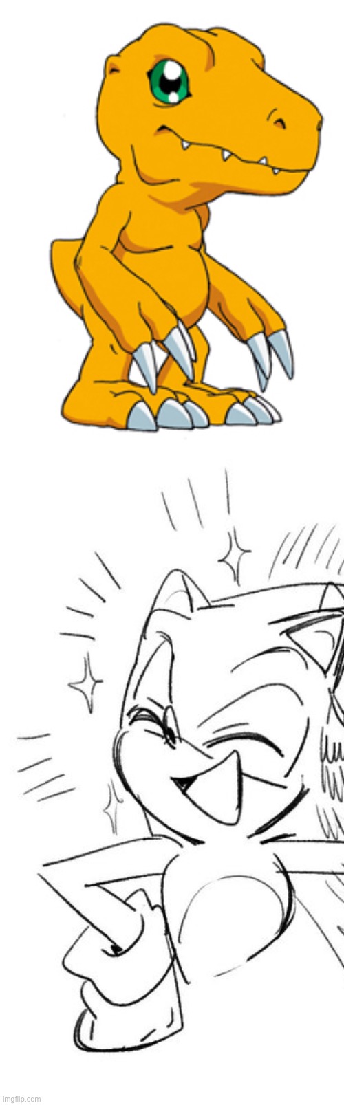 Sonic is a huge fan of Agumon | image tagged in sonic happy,digimon,crossover | made w/ Imgflip meme maker