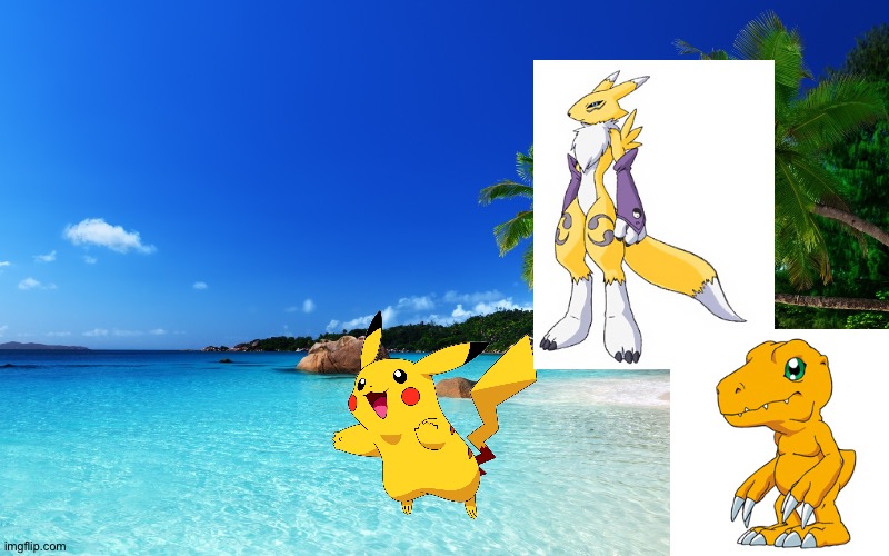 Pikachu,Agumon and Renamon enjoying a tropical island adventure | image tagged in tropical island birthday,crossover,pokemon,digimon | made w/ Imgflip meme maker