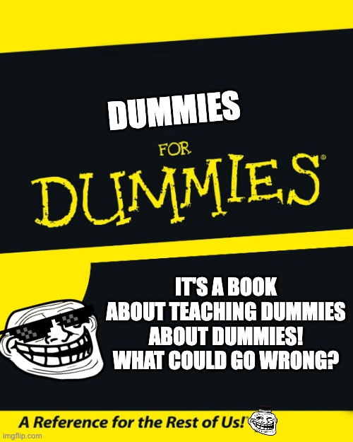 dummies dummies dummies | DUMMIES; IT'S A BOOK ABOUT TEACHING DUMMIES ABOUT DUMMIES! WHAT COULD GO WRONG? | image tagged in for dummies,funny,memes,fun | made w/ Imgflip meme maker