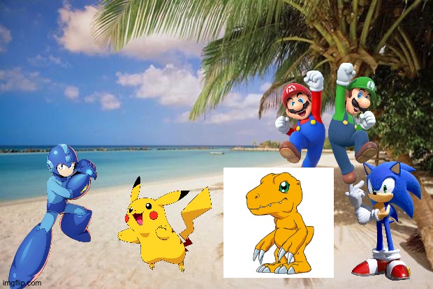Mario and Friends enjoying a island adventure | image tagged in island paradise,super mario bros,sonic the hedgehog,megaman,pokemon,digimon | made w/ Imgflip meme maker