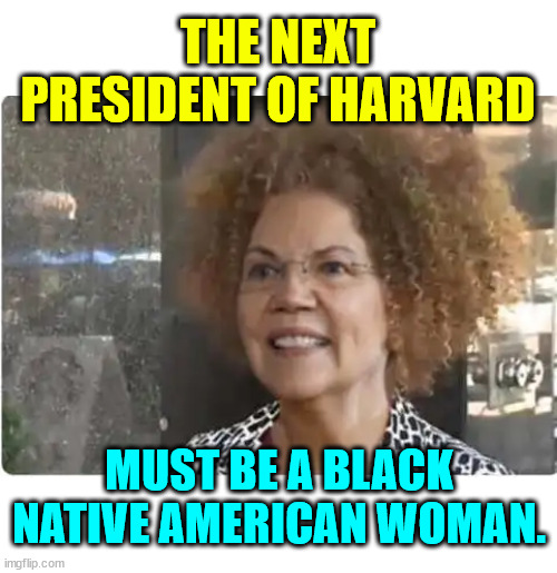 The list of qualified contenders grows... | MUST BE A BLACK NATIVE AMERICAN WOMAN. THE NEXT PRESIDENT OF HARVARD | image tagged in harvard president contenders | made w/ Imgflip meme maker