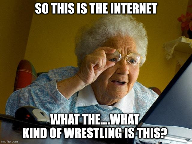 Grandma Finds The Internet | SO THIS IS THE INTERNET; WHAT THE....WHAT KIND OF WRESTLING IS THIS? | image tagged in memes,grandma finds the internet | made w/ Imgflip meme maker