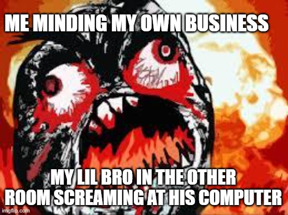 Stop rage quitting bro >:( | ME MINDING MY OWN BUSINESS; MY LIL BRO IN THE OTHER ROOM SCREAMING AT HIS COMPUTER | image tagged in rage quit,gaming,siblings,memes | made w/ Imgflip meme maker