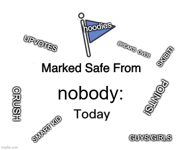 Marked Safe From | hoodies; UPVOTES; BREAK'S  OVER; SKIBITI; nobody:; POINTS! CRUSH; SMART KID; GUYS/GIRLS | image tagged in memes,marked safe from | made w/ Imgflip meme maker