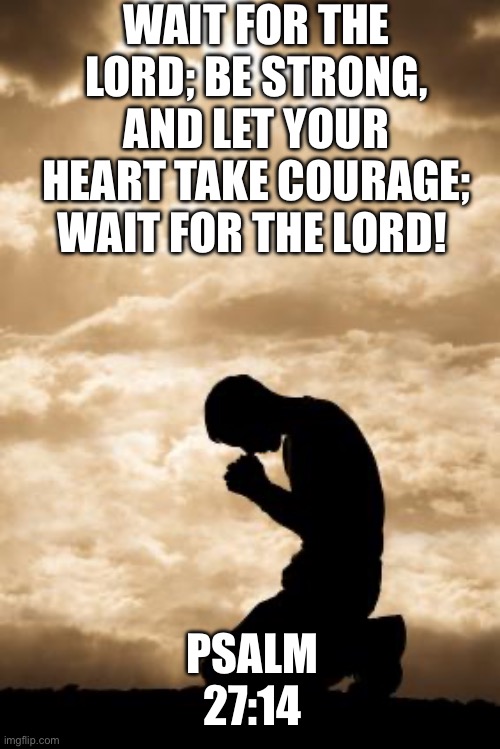 Be strong and courageous | WAIT FOR THE LORD; BE STRONG, AND LET YOUR HEART TAKE COURAGE; WAIT FOR THE LORD! PSALM 27:14 | image tagged in morning prayer,prayer,god,jesus | made w/ Imgflip meme maker