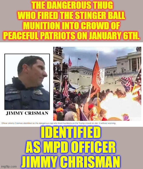 THE DANGEROUS THUG WHO FIRED THE STINGER BALL MUNITION INTO CROWD OF PEACEFUL PATRIOTS ON JANUARY 6TH. IDENTIFIED AS MPD OFFICER JIMMY CHRIS | made w/ Imgflip meme maker