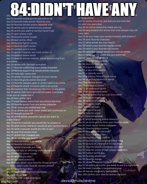 100 day anime challenge | 84:DIDN'T HAVE ANY | image tagged in 100 day anime challenge | made w/ Imgflip meme maker