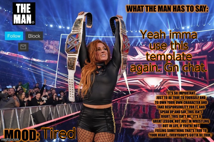 THE MAN Becky Lynch (Better format) | Yeah imma use this template again. Gn chat. Tired | image tagged in the man becky lynch better format | made w/ Imgflip meme maker