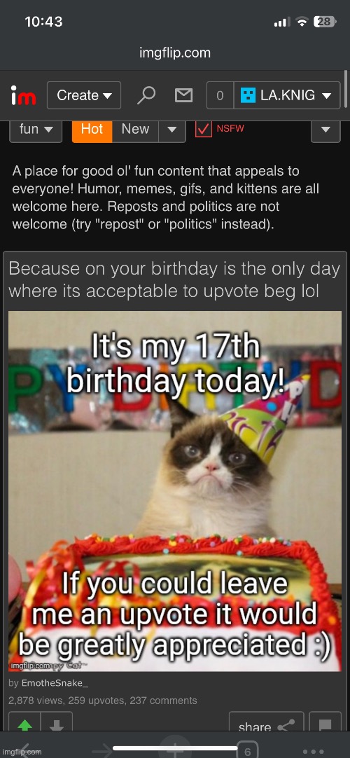 W emosnake got top of front page for his birthday | made w/ Imgflip meme maker