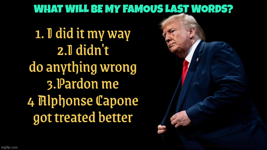 Trump's last words | WHAT WILL BE MY FAMOUS LAST WORDS? 1. I did it my way
2.I didn't do anything wrong
3.Pardon me
4 Alphonse Capone got treated better | image tagged in donald trump,last words,exicuted,meet your maker,death,maga | made w/ Imgflip meme maker