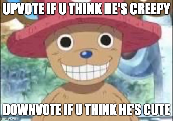 Chopper smiling | UPVOTE IF U THINK HE'S CREEPY; DOWNVOTE IF U THINK HE'S CUTE | image tagged in chopper smiling | made w/ Imgflip meme maker