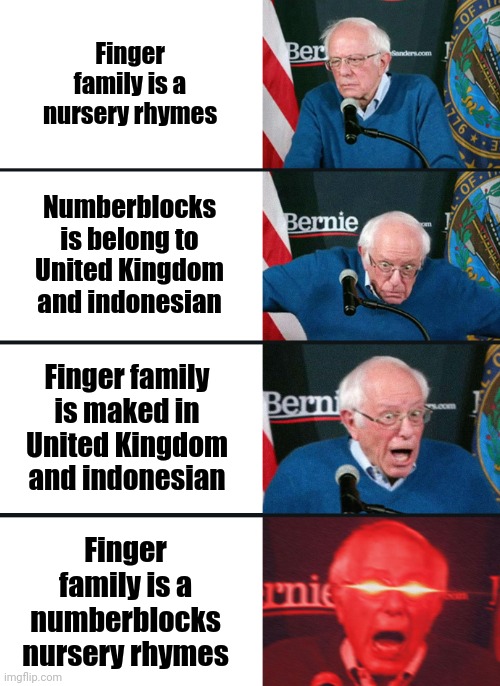 Finger family x numberblocks | Finger family is a nursery rhymes; Numberblocks is belong to United Kingdom and indonesian; Finger family is maked in United Kingdom and indonesian; Finger family is a numberblocks nursery rhymes | image tagged in bernie sanders reaction nuked,nursery rhymes | made w/ Imgflip meme maker