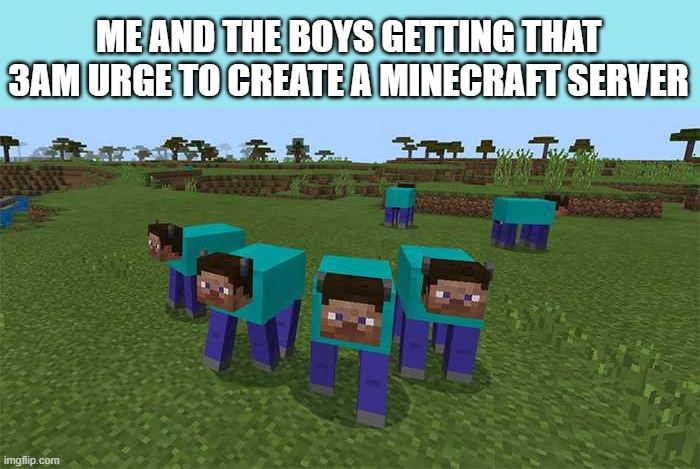 3am urges to play Minecraft fr | ME AND THE BOYS GETTING THAT 3AM URGE TO CREATE A MINECRAFT SERVER | image tagged in me and the boys,minecraft,memes | made w/ Imgflip meme maker
