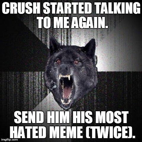 Insanity Wolf | CRUSH STARTED TALKING TO ME AGAIN. SEND HIM HIS MOST HATED MEME (TWICE). | image tagged in memes,insanity wolf | made w/ Imgflip meme maker