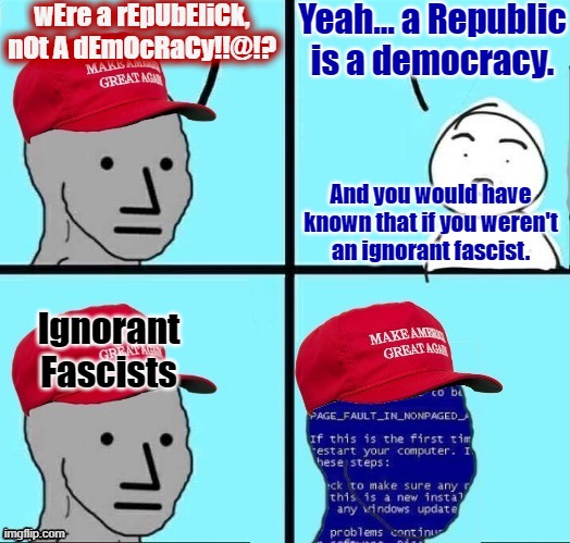The thing about ignorant people is that they just don't know enough to know that they're ignorant. | wEre a rEpUbEliCk,
nOt A dEmOcRaCy!!@!? Yeah... a Republic
is a democracy. And you would have
known that if you weren't
an ignorant fascist. Ignorant
Fascists | image tagged in npc maga blue screen fixed textboxes,republic,democracy,conservative logic,ignorance,trump supporters | made w/ Imgflip meme maker