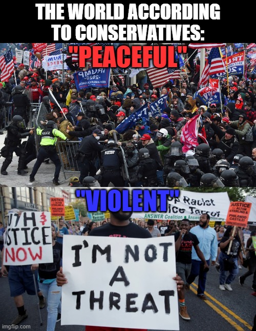 The most violent side is the one that's most in denial of its own violence. | THE WORLD ACCORDING
TO CONSERVATIVES:; "PEACEFUL"; "VIOLENT" | image tagged in conservative logic,violence,peaceful,protesters,denial,trump supporters | made w/ Imgflip meme maker