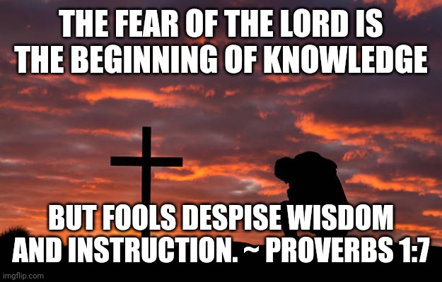 Kneeling before the cross | THE FEAR OF THE LORD IS THE BEGINNING OF KNOWLEDGE; BUT FOOLS DESPISE WISDOM AND INSTRUCTION. ~ PROVERBS 1:7 | image tagged in kneeling before the cross | made w/ Imgflip meme maker