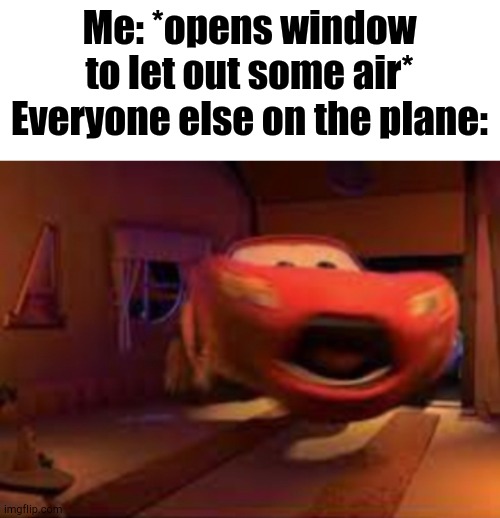 Darwin Award Achievement Check | Me: *opens window to let out some air*
Everyone else on the plane: | image tagged in airplane,lightning mcqueen | made w/ Imgflip meme maker