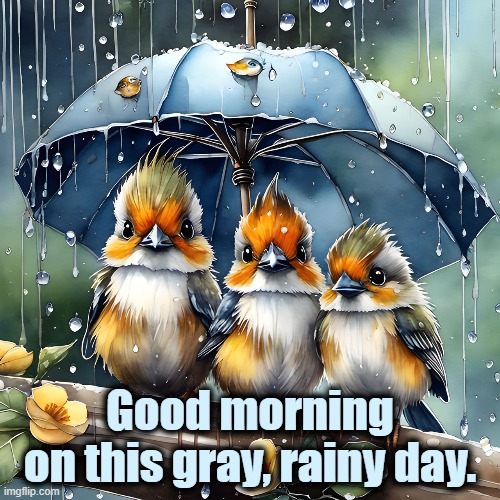 Good morning | Good morning
on this gray, rainy day. | image tagged in rainy day,good morning,birds,umbrella | made w/ Imgflip meme maker