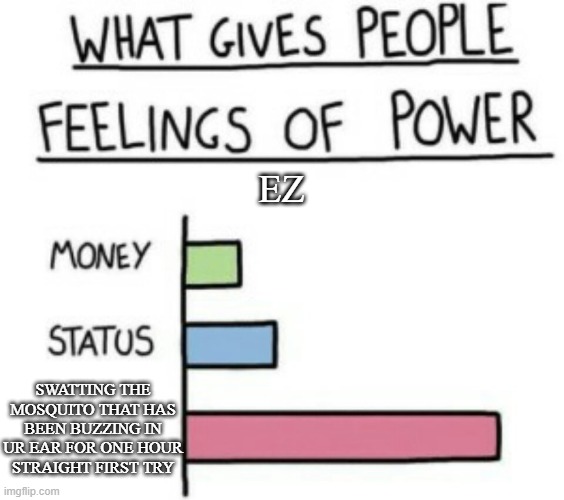 What Gives People Feelings of Power | EZ; SWATTING THE MOSQUITO THAT HAS BEEN BUZZING IN UR EAR FOR ONE HOUR STRAIGHT FIRST TRY | image tagged in what gives people feelings of power,memes,mosquito | made w/ Imgflip meme maker