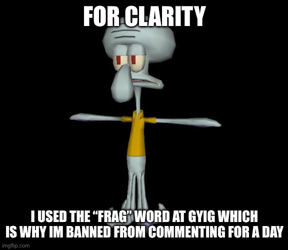 Squidward t-pose | FOR CLARITY; I USED THE “FRAG” WORD AT GYIG WHICH IS WHY IM BANNED FROM COMMENTING FOR A DAY | image tagged in squidward t-pose | made w/ Imgflip meme maker