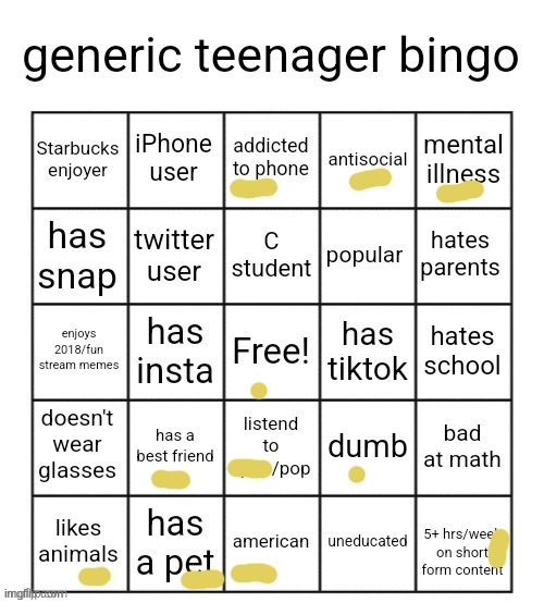 looks like I'm not a generic teen *shrug* | image tagged in generic teenager bingo | made w/ Imgflip meme maker