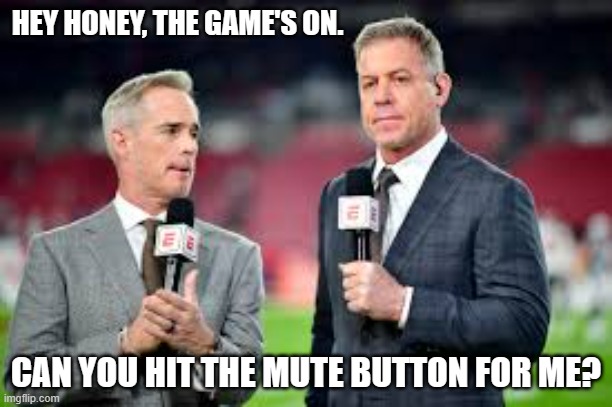 meme by Brad Joe Buck and the mute button | HEY HONEY, THE GAME'S ON. CAN YOU HIT THE MUTE BUTTON FOR ME? | image tagged in humor,funny meme,sports,nfl football,joe buck | made w/ Imgflip meme maker