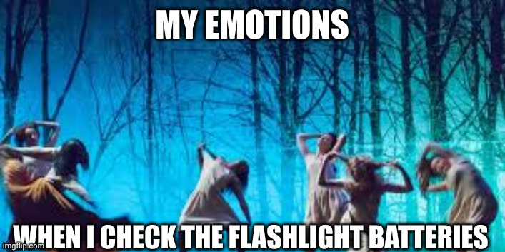 Check your flashlight batteries! Do it now. | MY EMOTIONS; WHEN I CHECK THE FLASHLIGHT BATTERIES | image tagged in witch craft,flashlight,batteries,hello darkness my old friend,memes,power cut | made w/ Imgflip meme maker