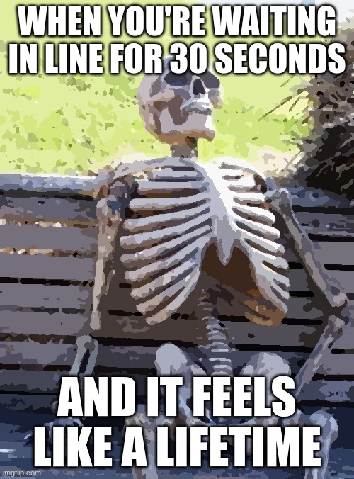 2 Minutes more like 2 Eternities. | WHEN YOU'RE WAITING IN LINE FOR 30 SECONDS; AND IT FEELS LIKE A LIFETIME | image tagged in memes,waiting skeleton,waiting in line | made w/ Imgflip meme maker