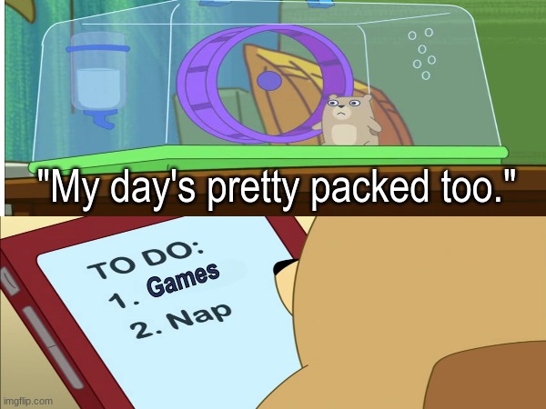Same old busy day for Gamers | "My day's pretty packed too."; Games | image tagged in memes,funny,video games,hamster and gretel,cartoon | made w/ Imgflip meme maker