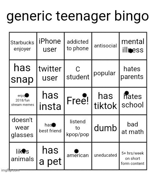 generic teenager bingo | image tagged in generic teenager bingo | made w/ Imgflip meme maker