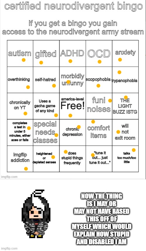 the new template has been p o s t e d | NOW THE THING IS I MAY OR MAY NOT HAVE BASED THIS OFF OF MYSELF WHICH WOULD EXPLAIN HOW STUPID AND DISABLED I AM | image tagged in neurodivergent bingo | made w/ Imgflip meme maker