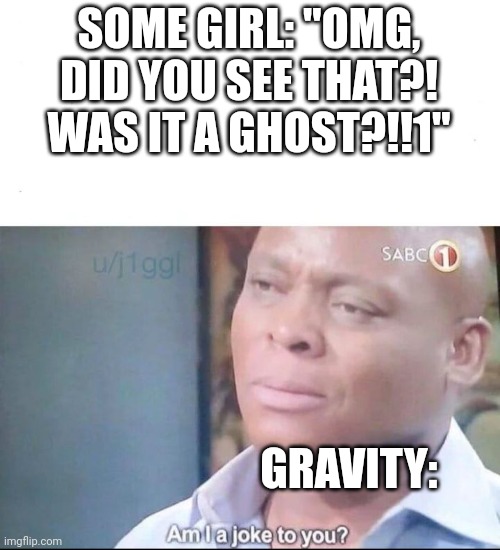 ghost named gravity | SOME GIRL: "OMG, DID YOU SEE THAT?! WAS IT A GHOST?!!1"; GRAVITY: | image tagged in am i a joke to you,spooky,late ween,happy halloween | made w/ Imgflip meme maker